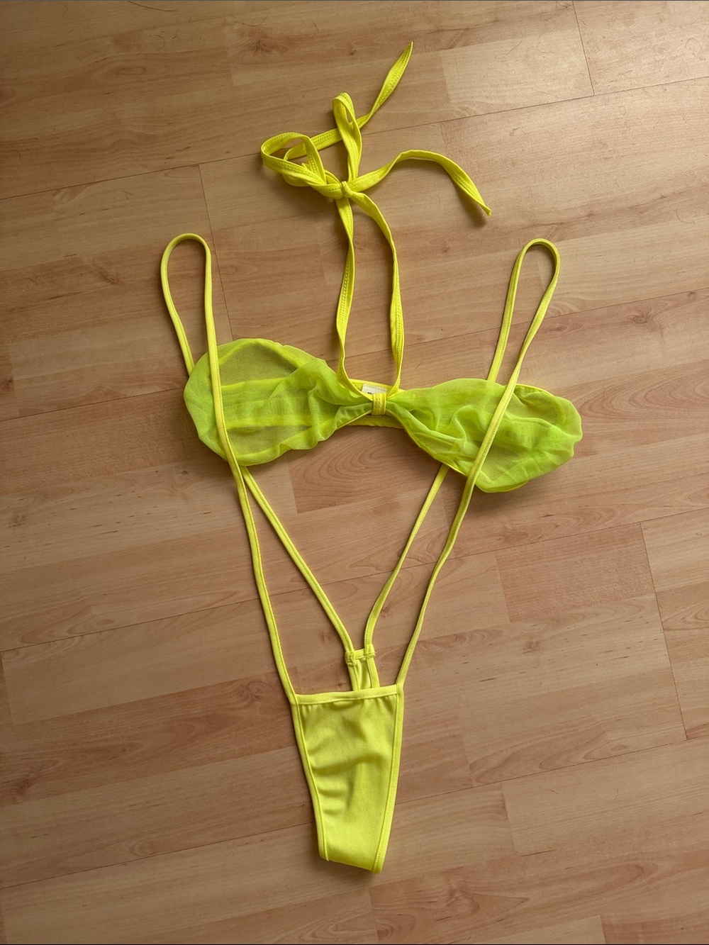 Wicked Temptations Neon Yellow Mesh Bikini Top & Sling Thong Set